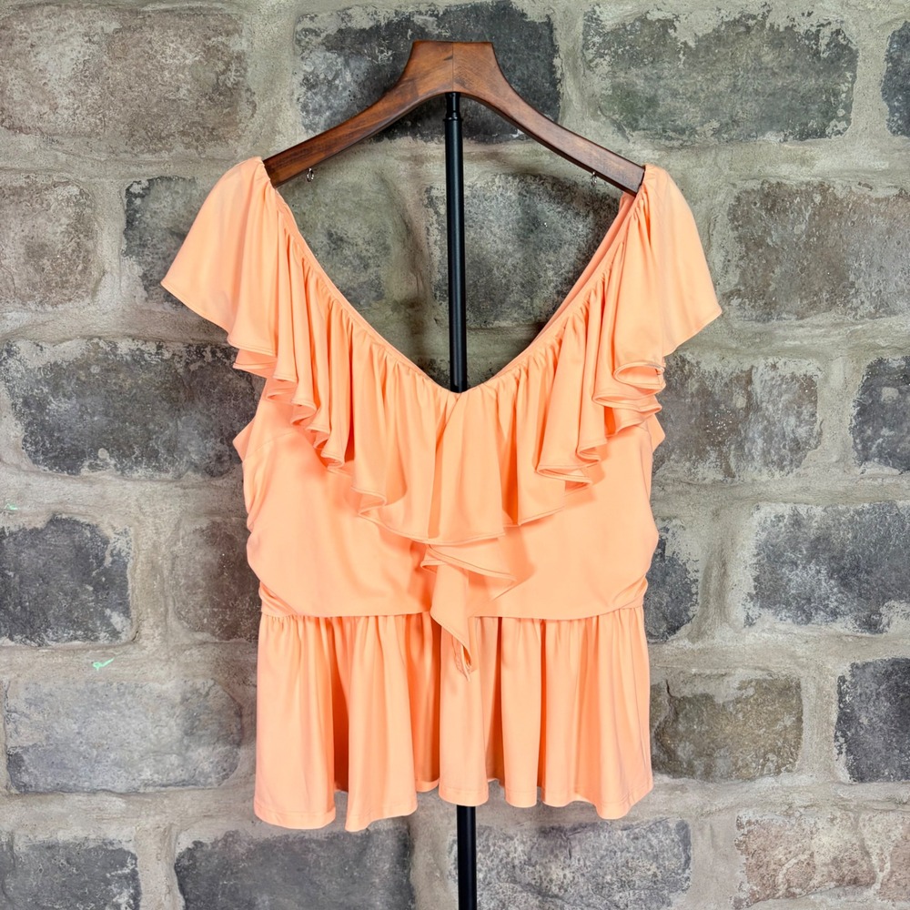 Express Womens Peach Ruffle Peplum V-Neck Sleeveless Blouse Top Large NWT